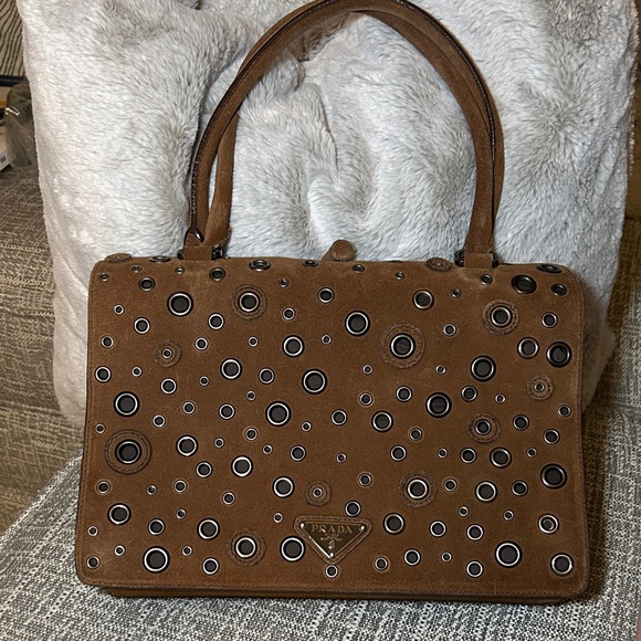 353. Prada Brown Suede Grommet Frame Shoulder Bag/coa